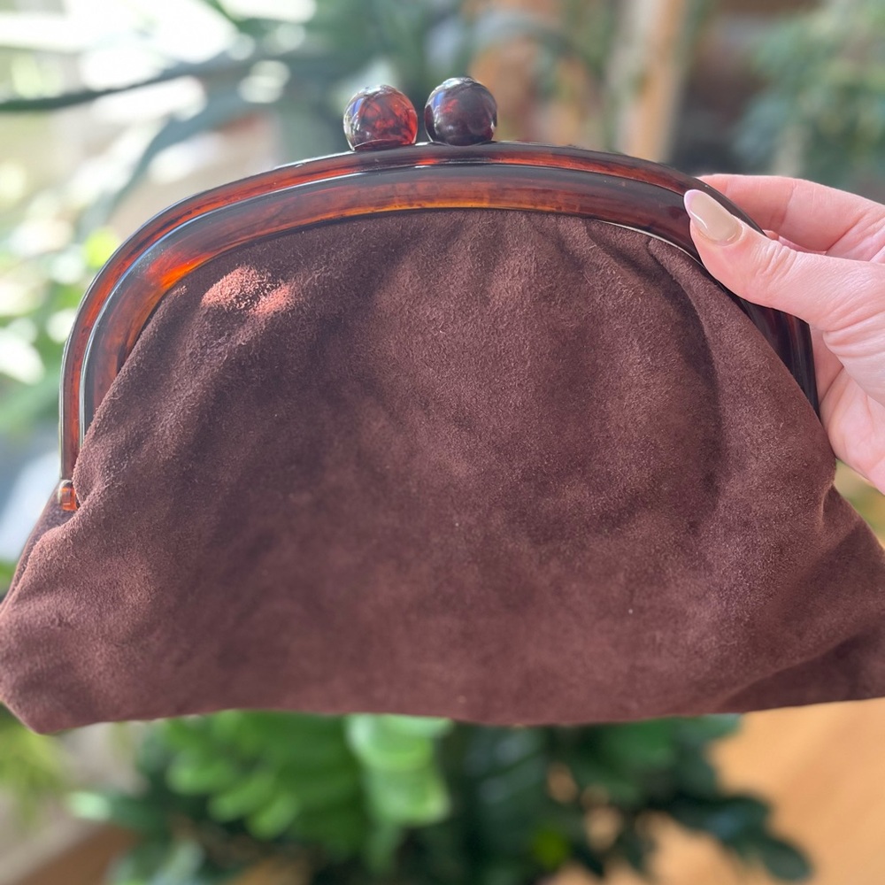 Brown Suede Clutch with Tortoiseshell Frame